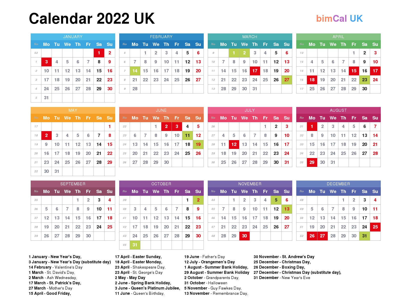 National Holiday Calendar 2022 Calendar 2022 Uk - Bimcal.uk 🇬🇧