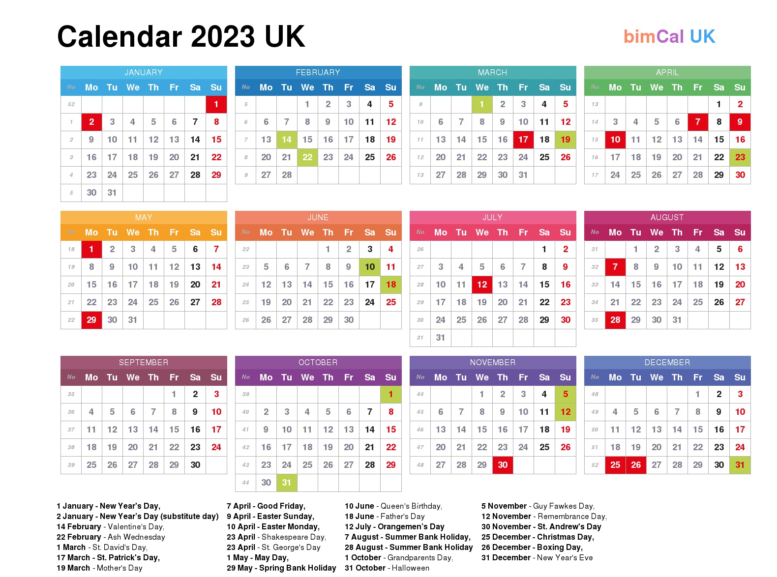Free Printable 2023 Monthly Calendar Uk With Bank Holidays