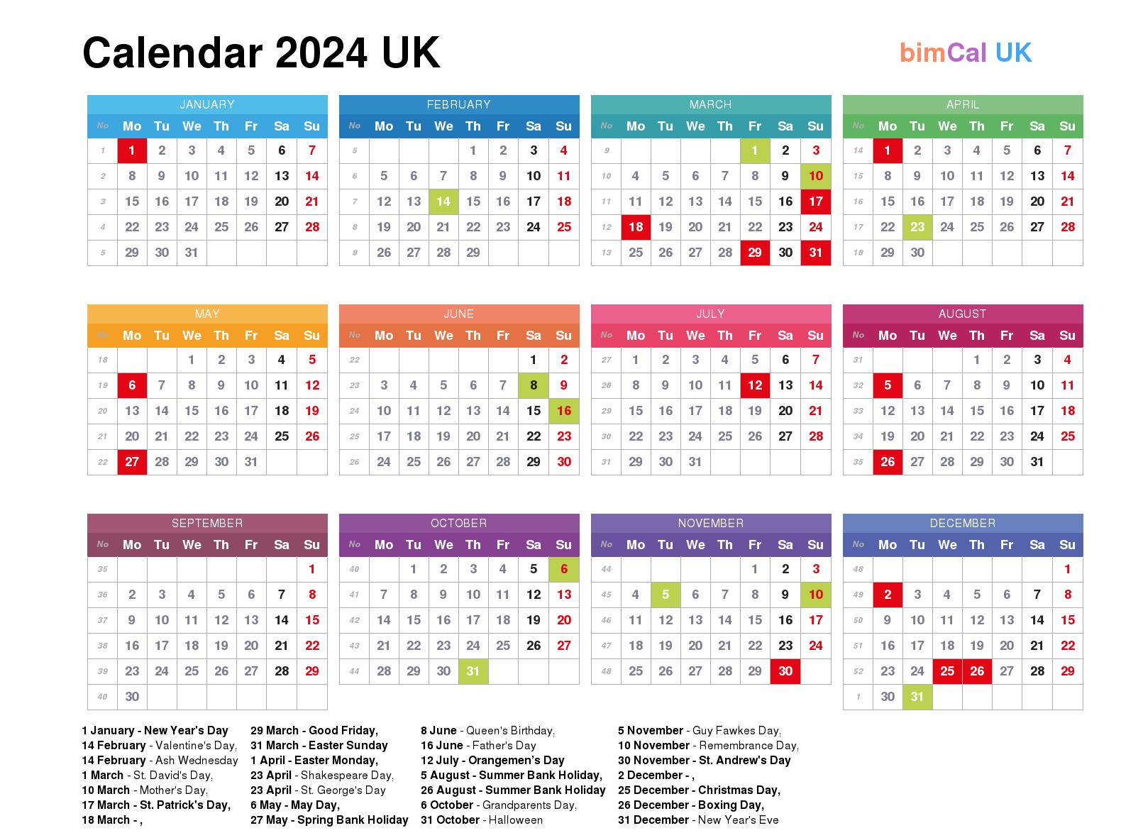 Free Printable 2024 Monthly Calendar Uk With Bank Holidays