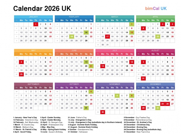 Calendar 2026 UK - bimCal.uk ����