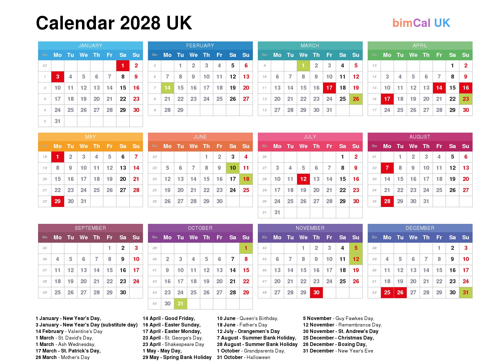 Calendar 2028 UK - bimCal.uk 🇬🇧